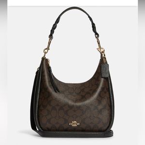 Coach Brown Signature Jacquard Hobo with Black Trim
